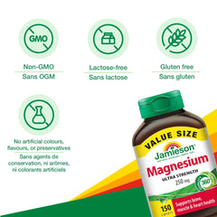Supplement facts panel for Jamieson Magnesium 250 mg, gluten- and sugar-free.