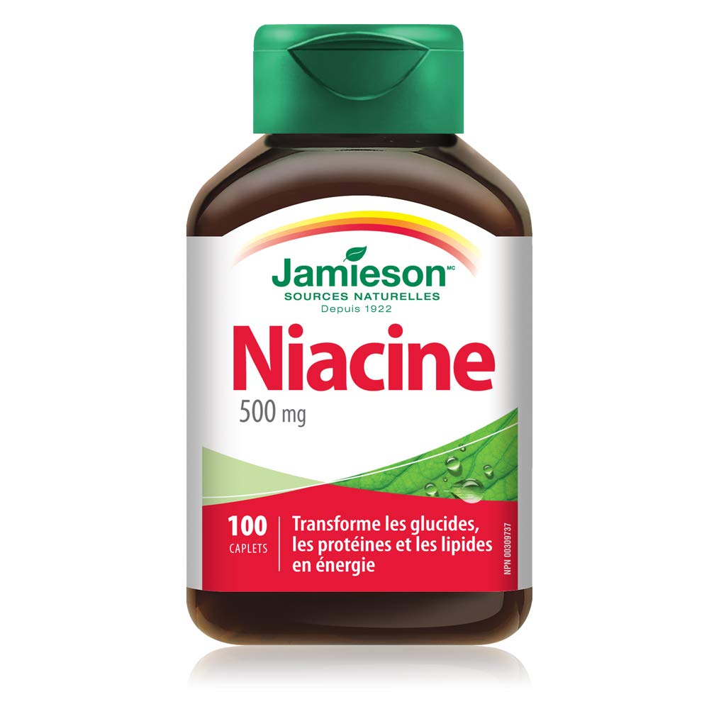 Jamieson Niacin Caplet label with vitamin B3 content and usage