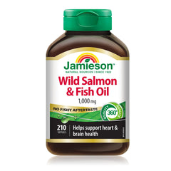 Jamieson No Fishy Aftertaste wild salmon softgels bottle for daily heart and brain support