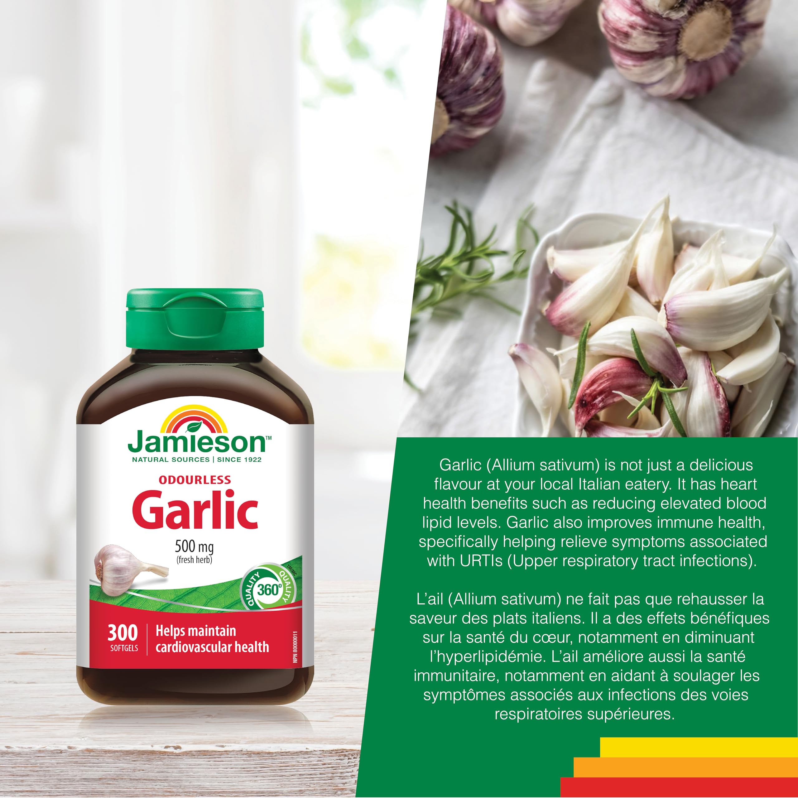 Jamieson Odourless Garlic bottle with softgels, easy to swallow for daily use.