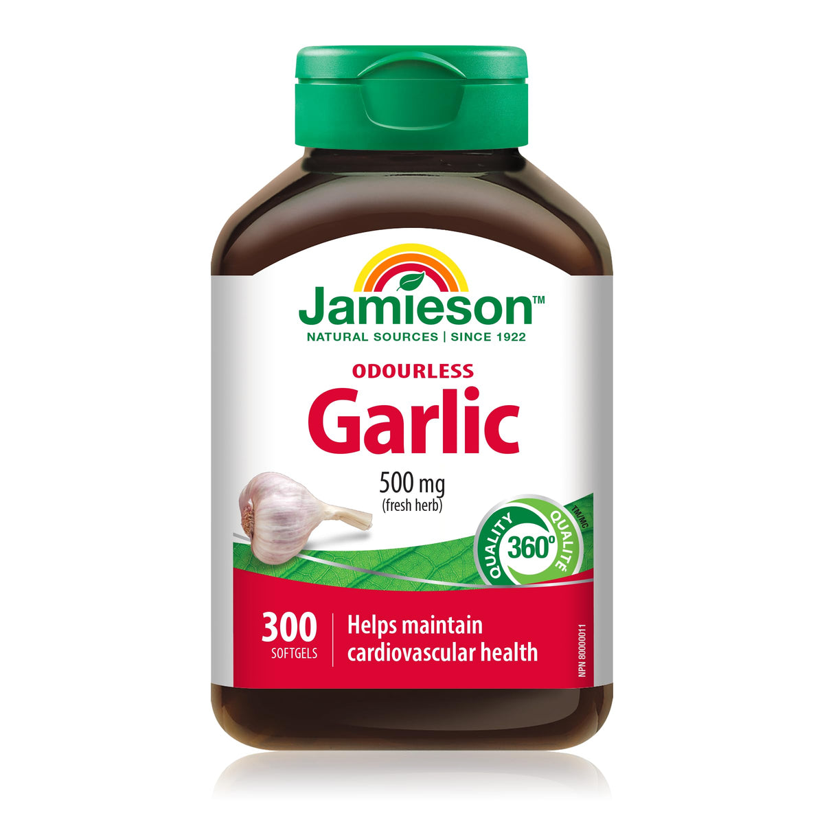 Jamieson Odourless Garlic bottle with easy-to-swallow 500 mg softgels for daily immune support.
