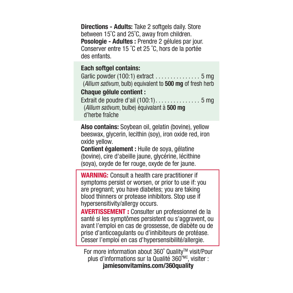 Jamieson Odourless Garlic softgels, a convenient daily dietary supplement.