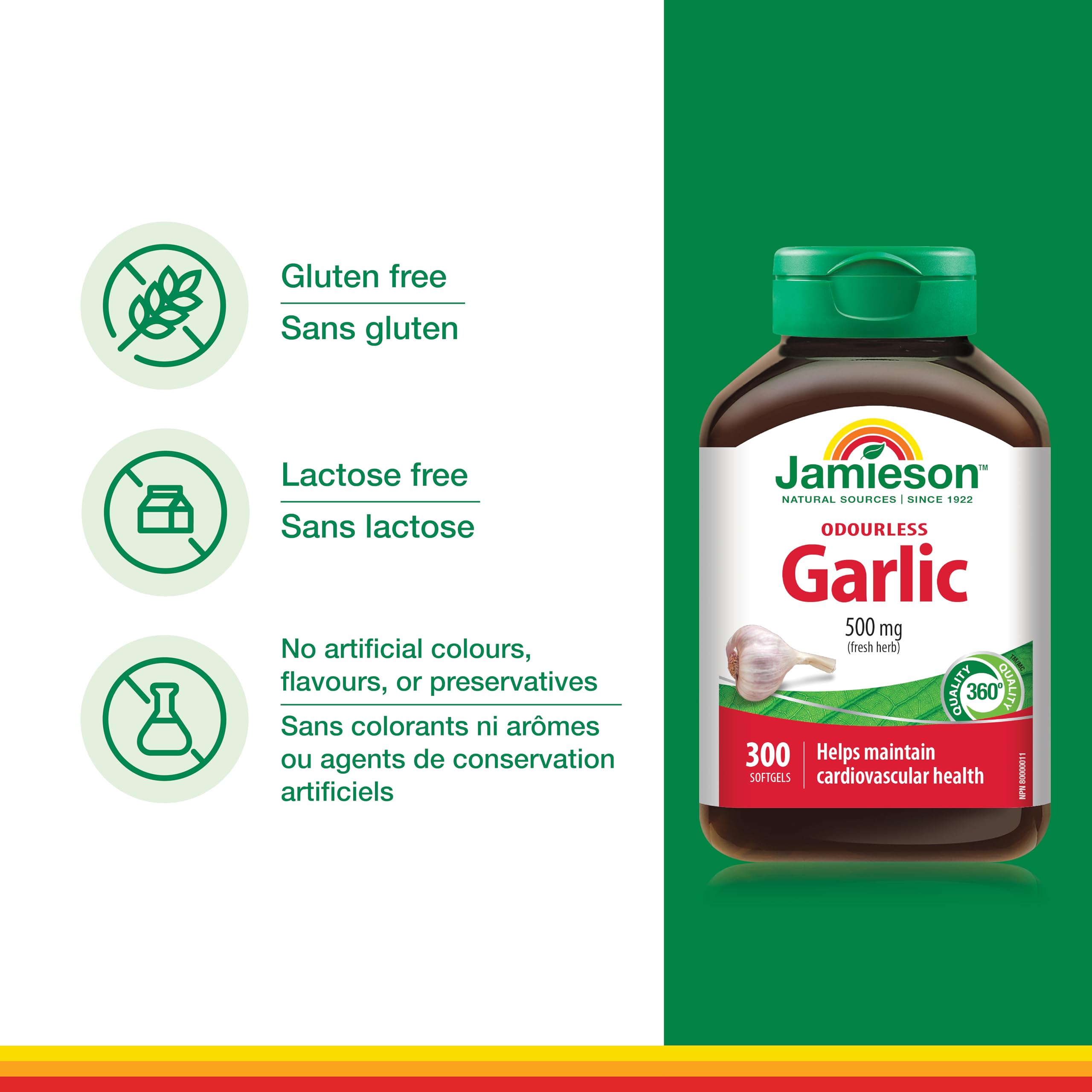 Jamieson Odourless Garlic label detail showing 500 mg softgels odourless formula.