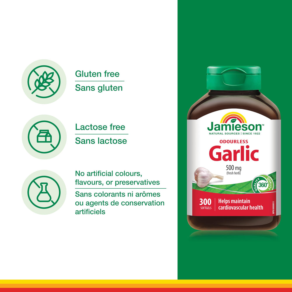 Jamieson Odourless Garlic label detail showing 500 mg softgels odourless formula.