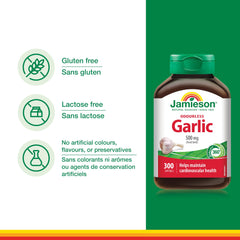Jamieson Odourless Garlic label detail showing 500 mg softgels odourless formula.