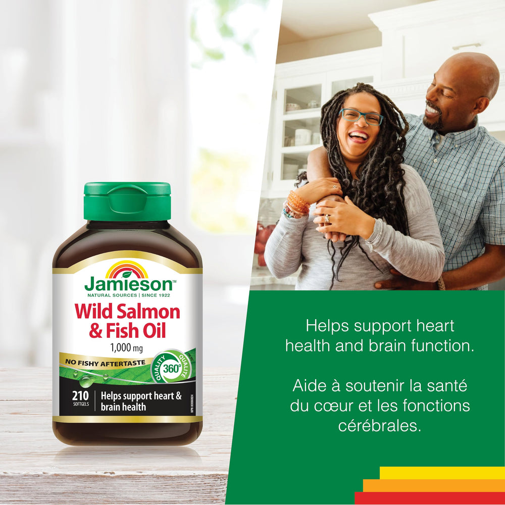 Jamieson Omega-3 heart and brain benefits icons on packaging
