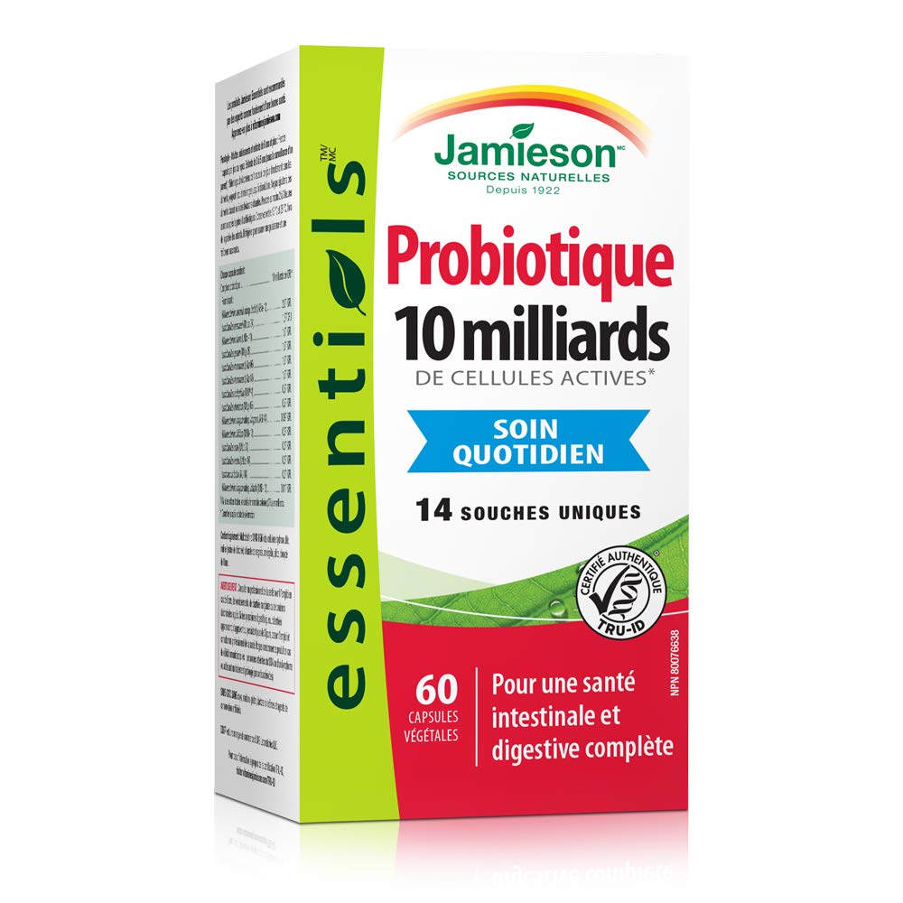 Jamieson probiotics active cells image highlights 10 billion live cultures for digestive support.