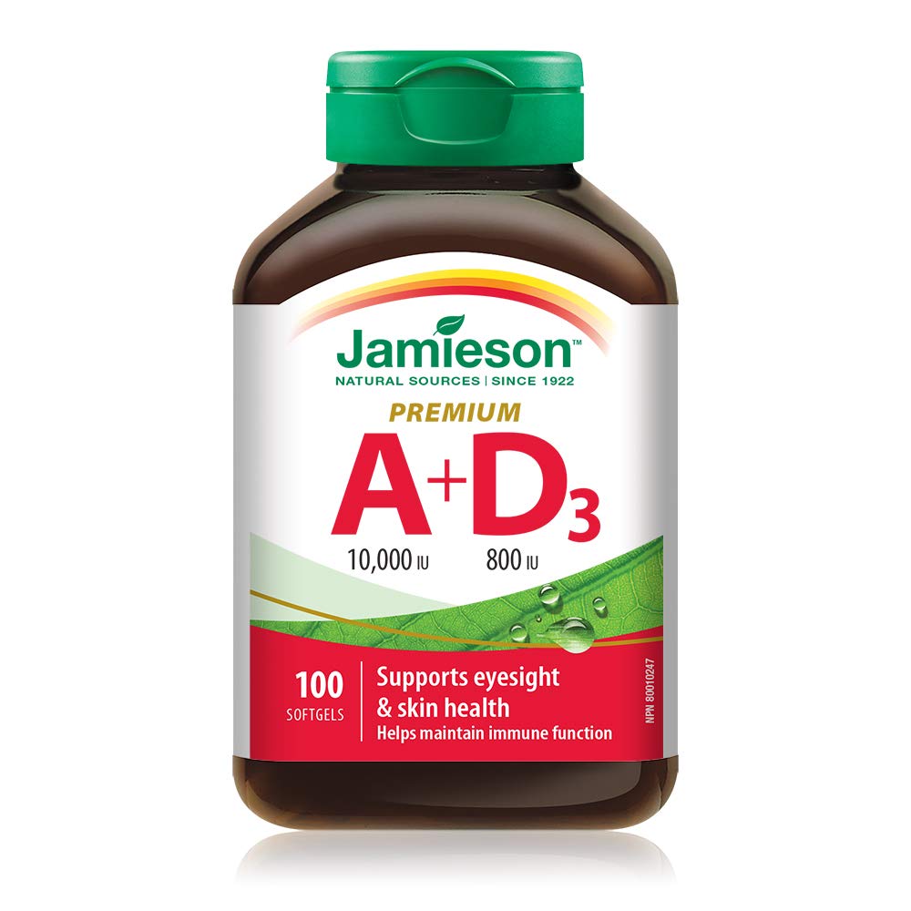 Jamieson Vitamin A and D fortified bottle front view with softgels for daily support