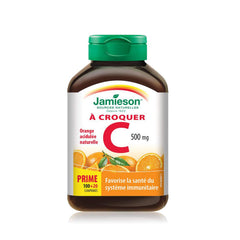 Jamieson Vitamin C chewables tangy orange tablets close-up supports daily vitamin intake.