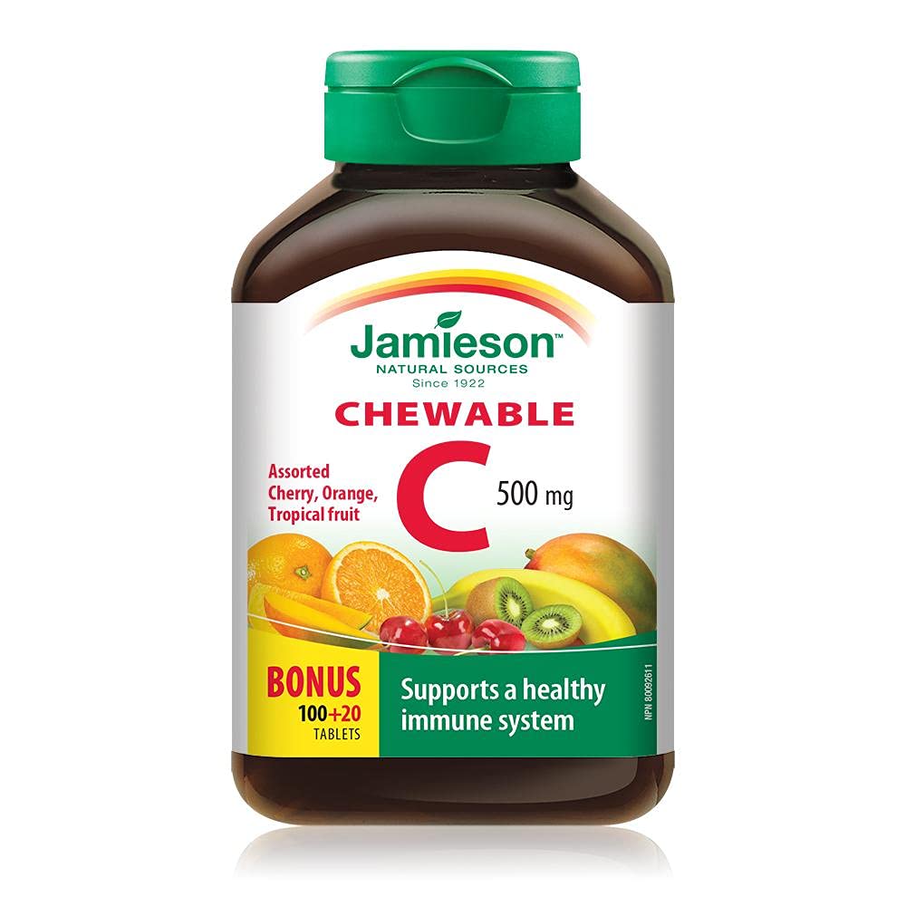 Jamieson Vitamin C mixed fruit bottle with tablets supports immune health.