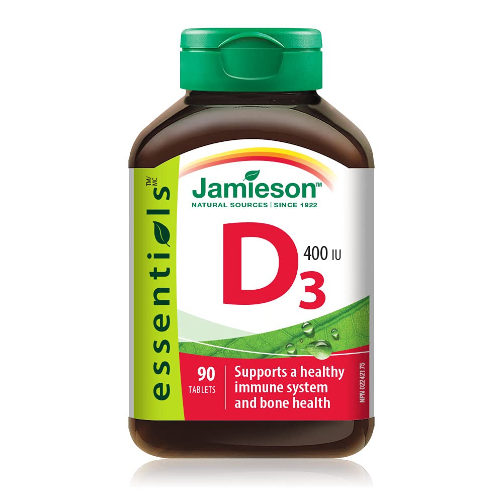 Jamieson Vitamin D 90 tablets bottle close-up showing bone and muscle support.
