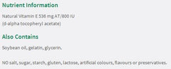 Closeup of Jamieson Vitamin E 800 IU softgels highlighting convenient capsules.