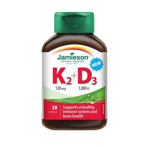 Jamieson Vitamin K2 and D3 softgel bottle, convenient daily supplement for essential nutrients