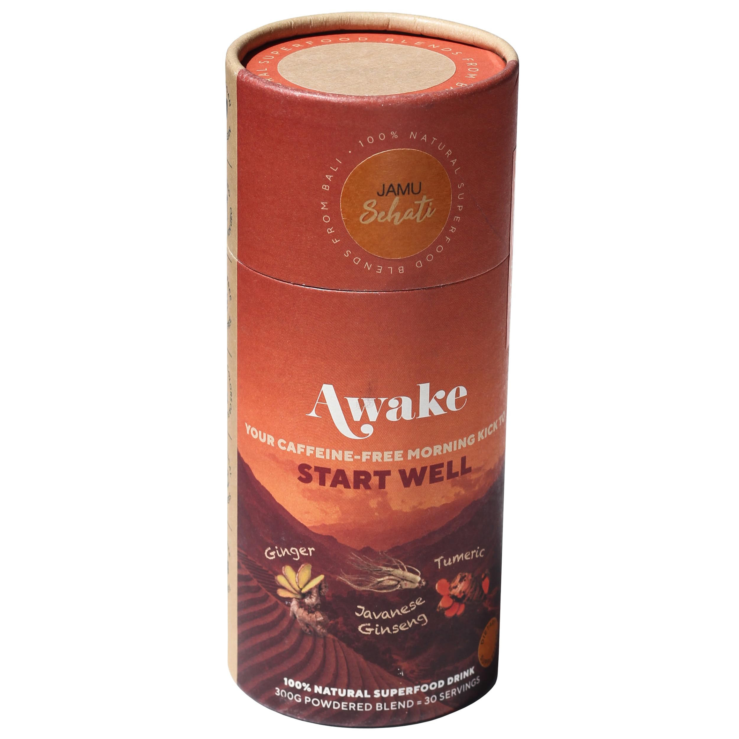 JAMUSEHATI Awake cylinder front view showing caffeine-free morning blend