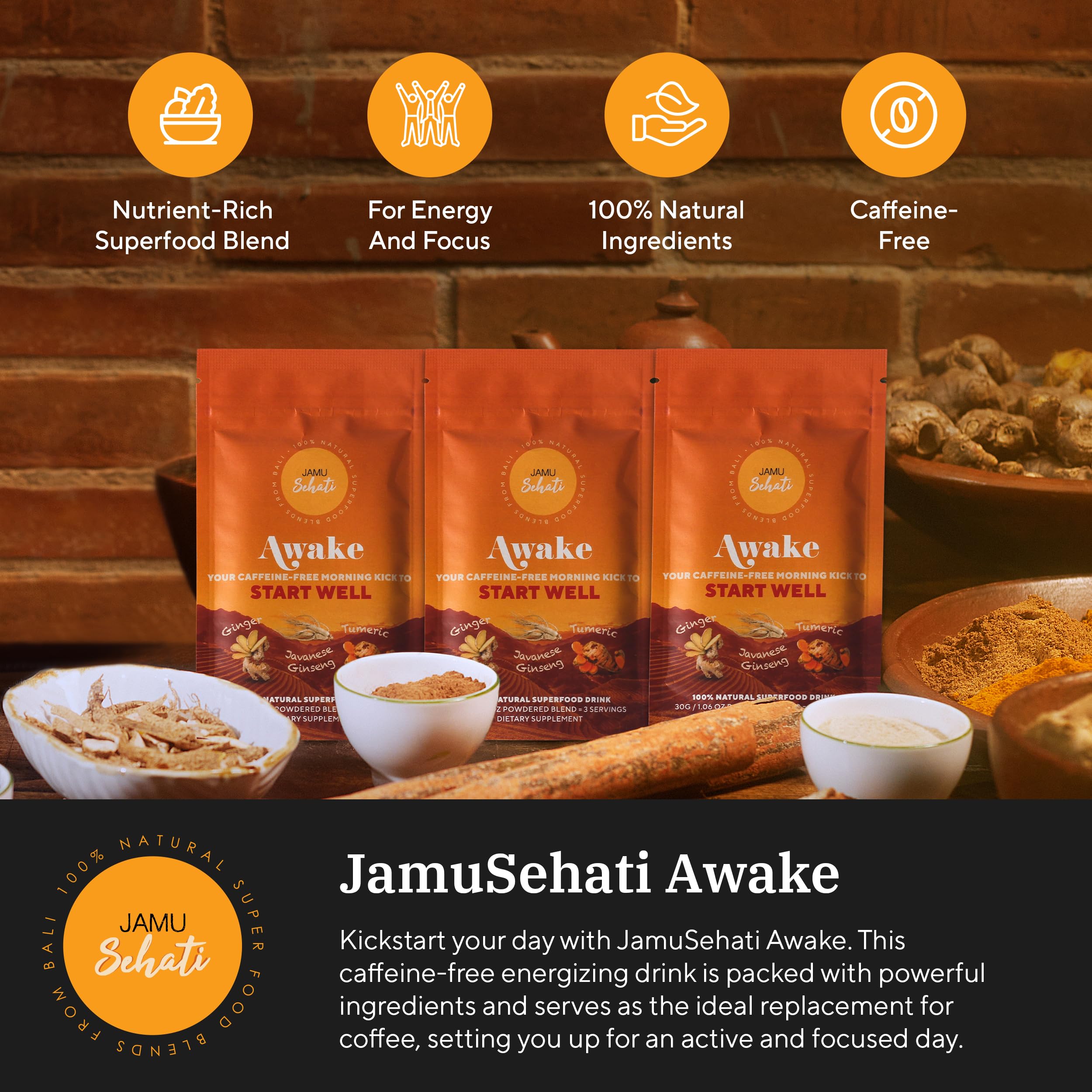 Hot turmeric latte prepared with JAMUSEHATI Awake for a comforting morning ritual