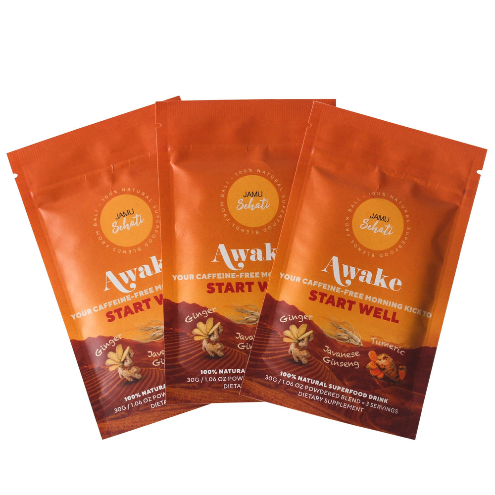 JAMUSEHATI Awake sachet pack front for a convenient caffeine-free morning boost