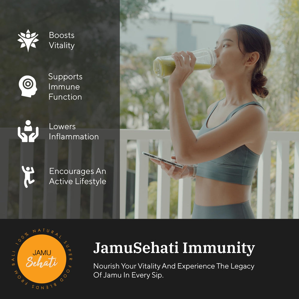 JAMUSEHATI Immunity green powder beside mug for a morning ritual.