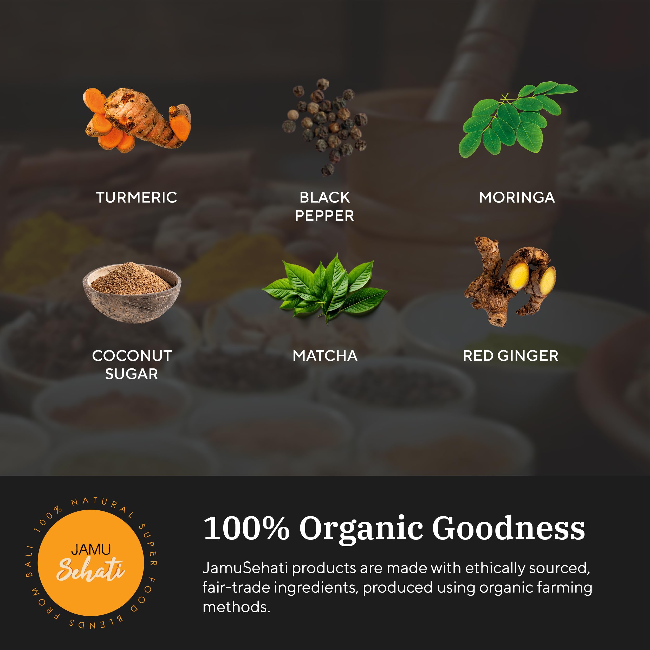JAMUSEHATI Immunity ingredients turmeric, ginger, moringa, and matcha shown for versatile daily blends.