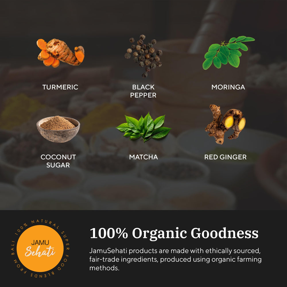 JAMUSEHATI Immunity ingredients turmeric, ginger, moringa, and matcha shown for versatile daily blends.
