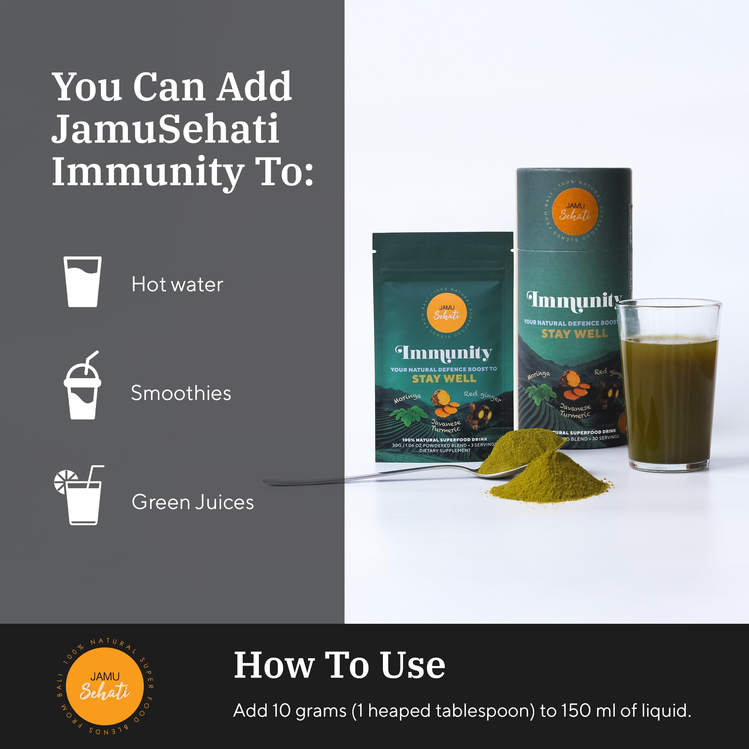 JAMUSEHATI Immunity cylinder and spoon on kitchen counter, ready for everyday use.