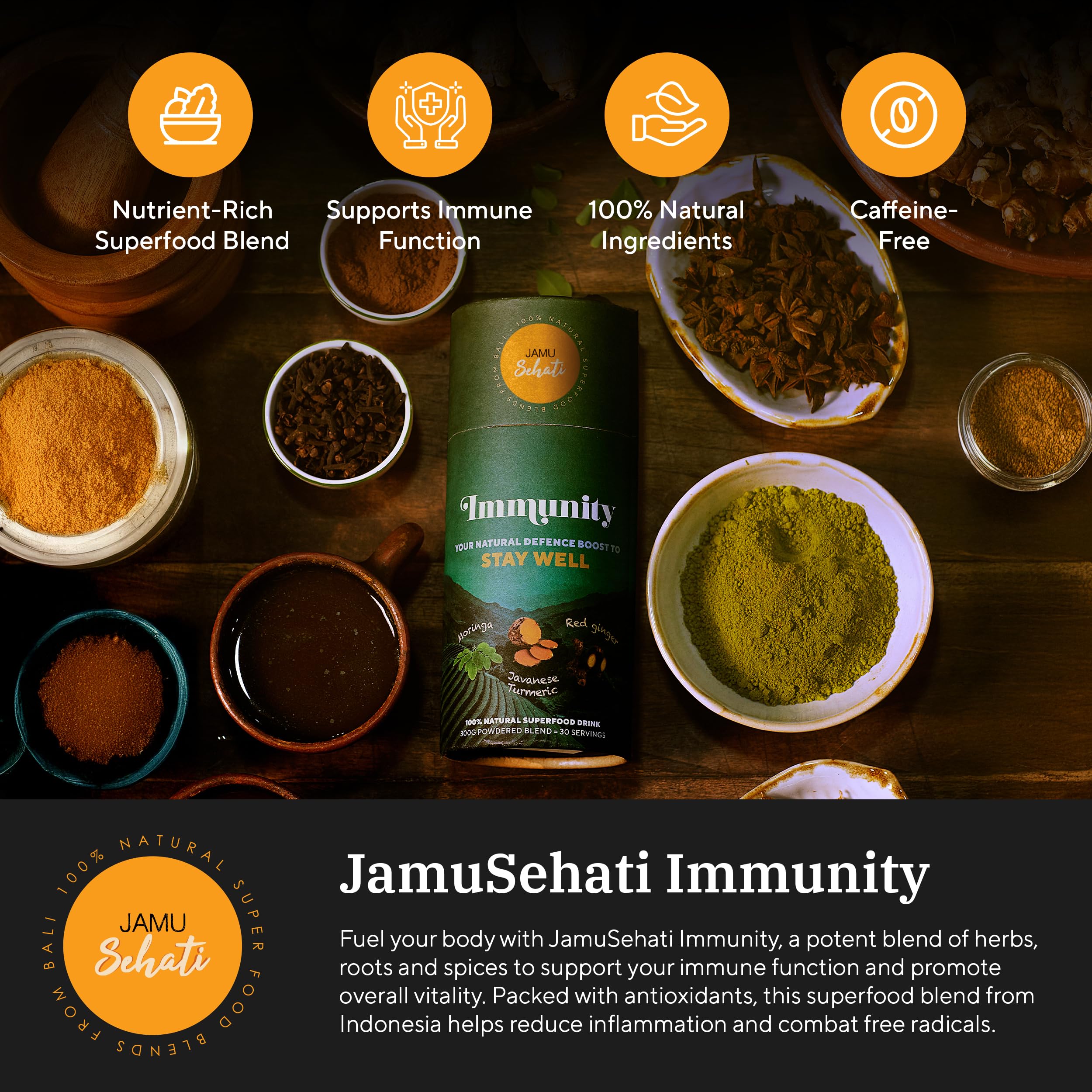 JAMUSEHATI Immunity powder with scoop ready to mix for a quick daily boost.