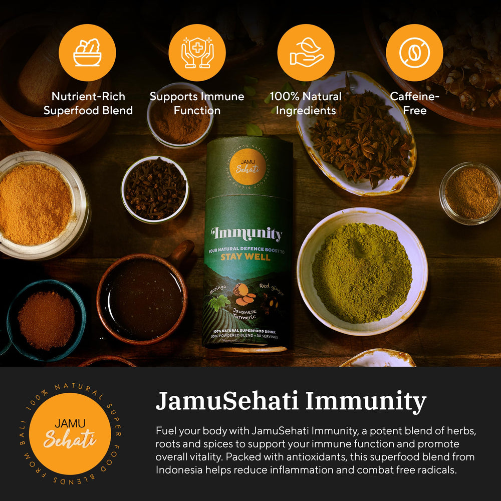 JAMUSEHATI Immunity powder with scoop ready to mix for a quick daily boost.