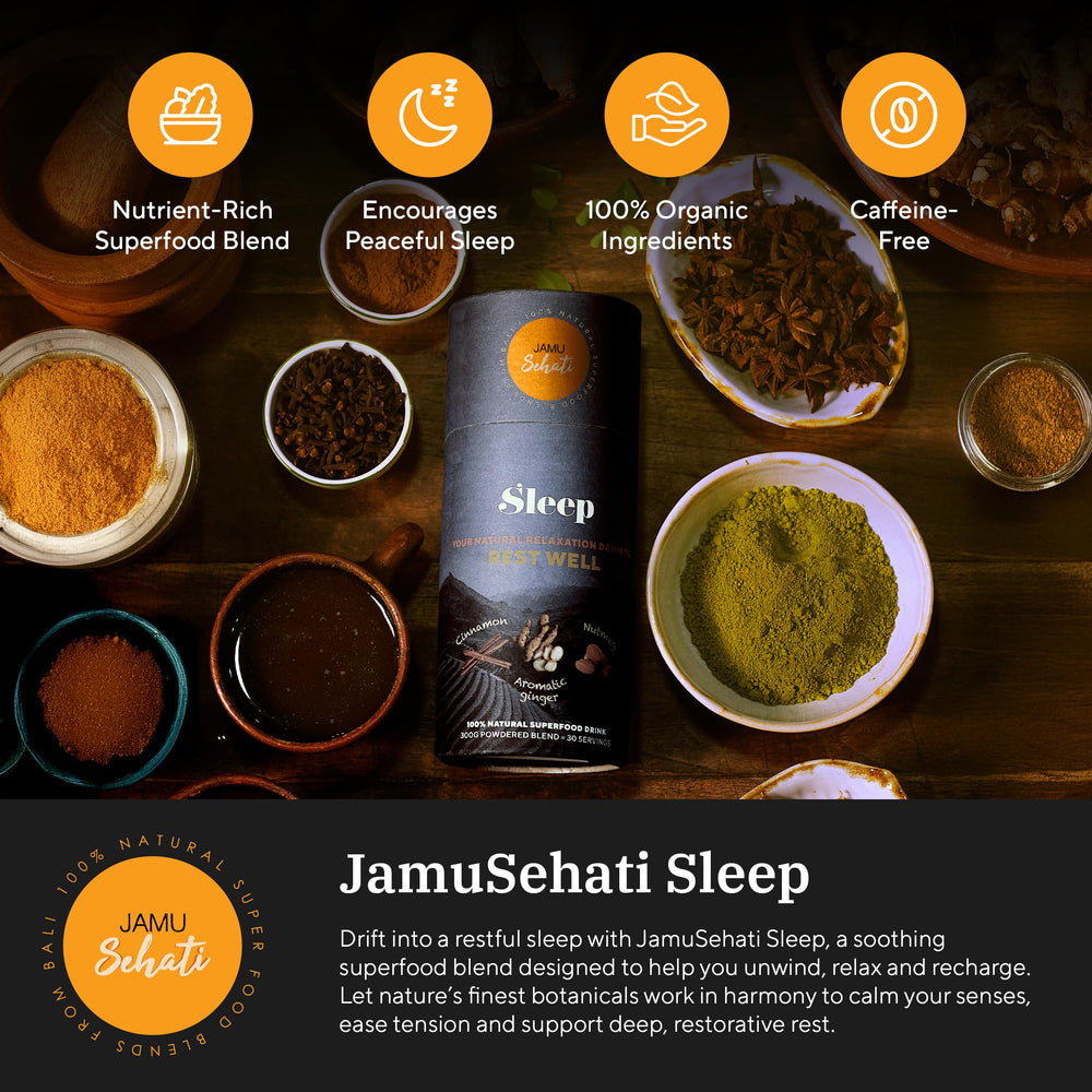 JAMUSEHATI Sleep powder scoop beside a mug for easy bedtime serving.