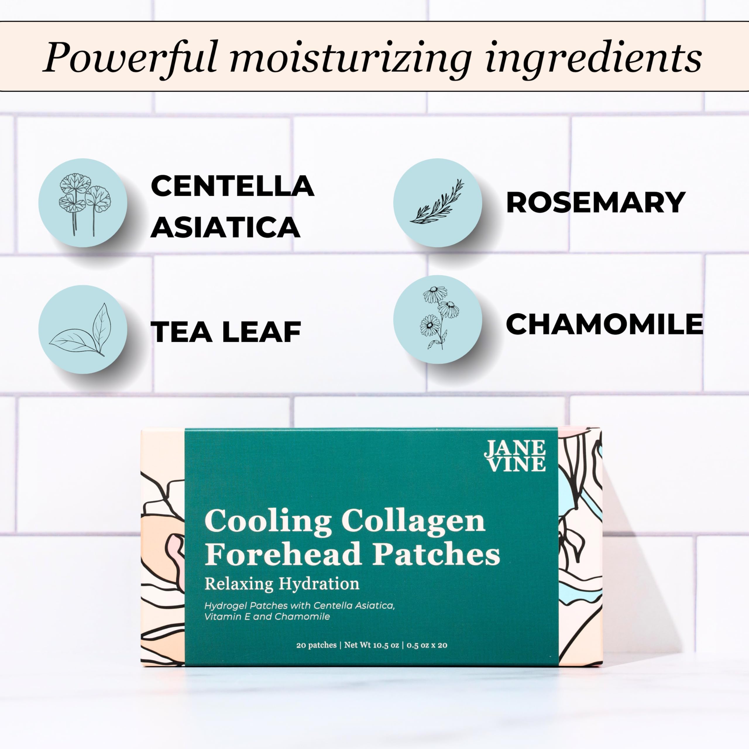Jane Vine forehead patches box view emphasizes 20-count convenience.