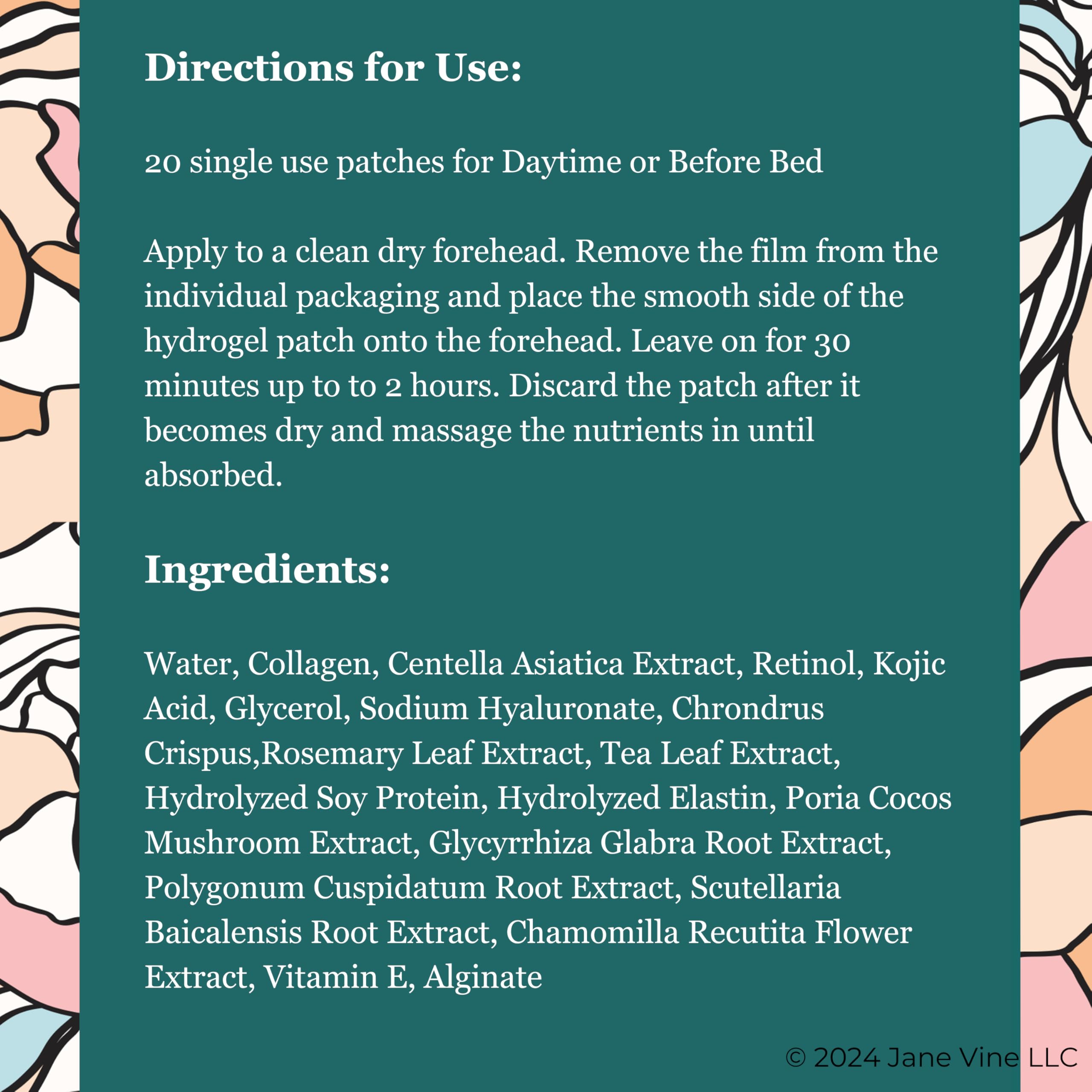 Jane Vine forehead patches pack interior includes clear usage guidance.