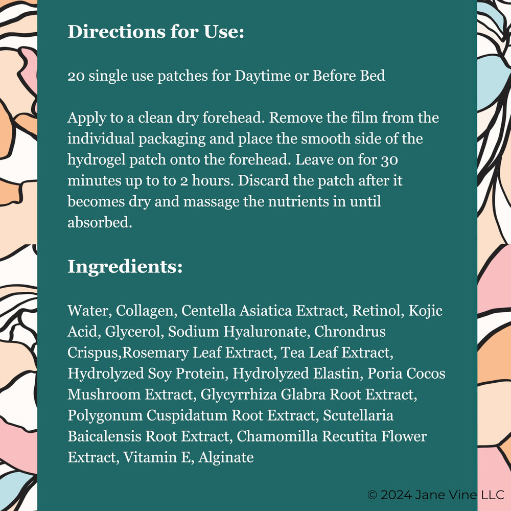 Jane Vine forehead patches pack interior includes clear usage guidance.
