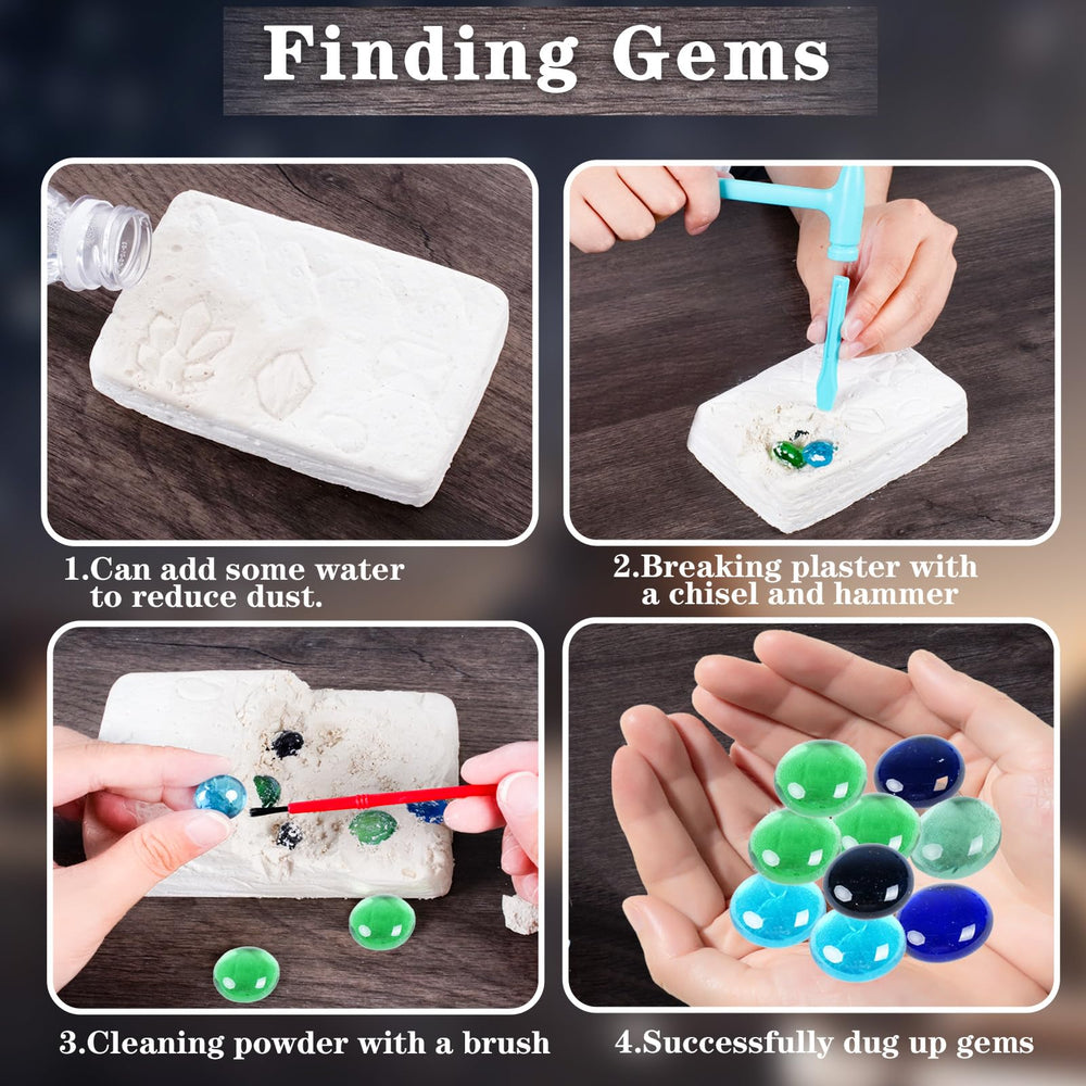 Janeunique Gemstone Dig Kit shows 10 gemstones waiting to be discovered with brushes.