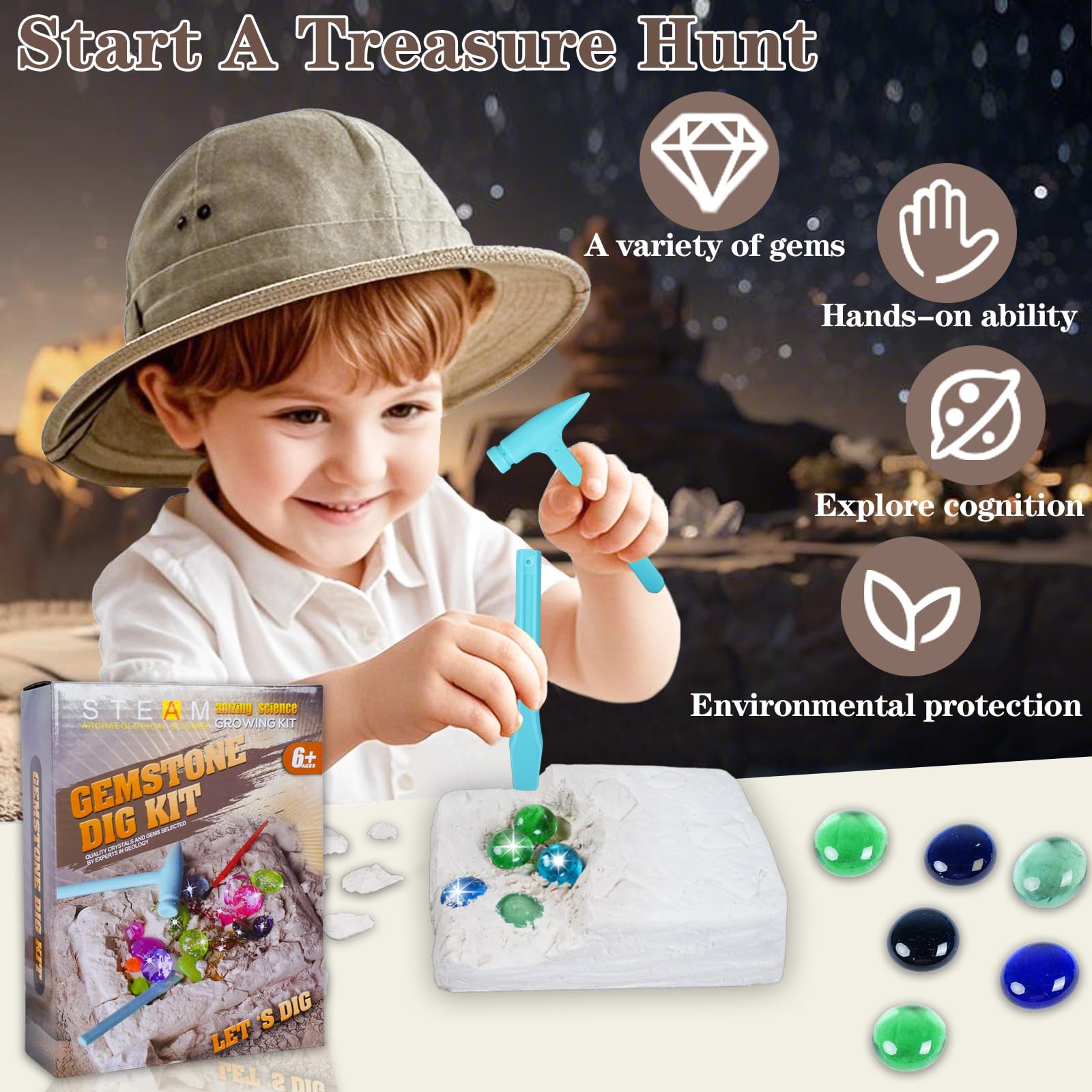 Janeunique Gemstone Dig Kit gemstone reveal during digging activity sparks curiosity and motor skill practice.