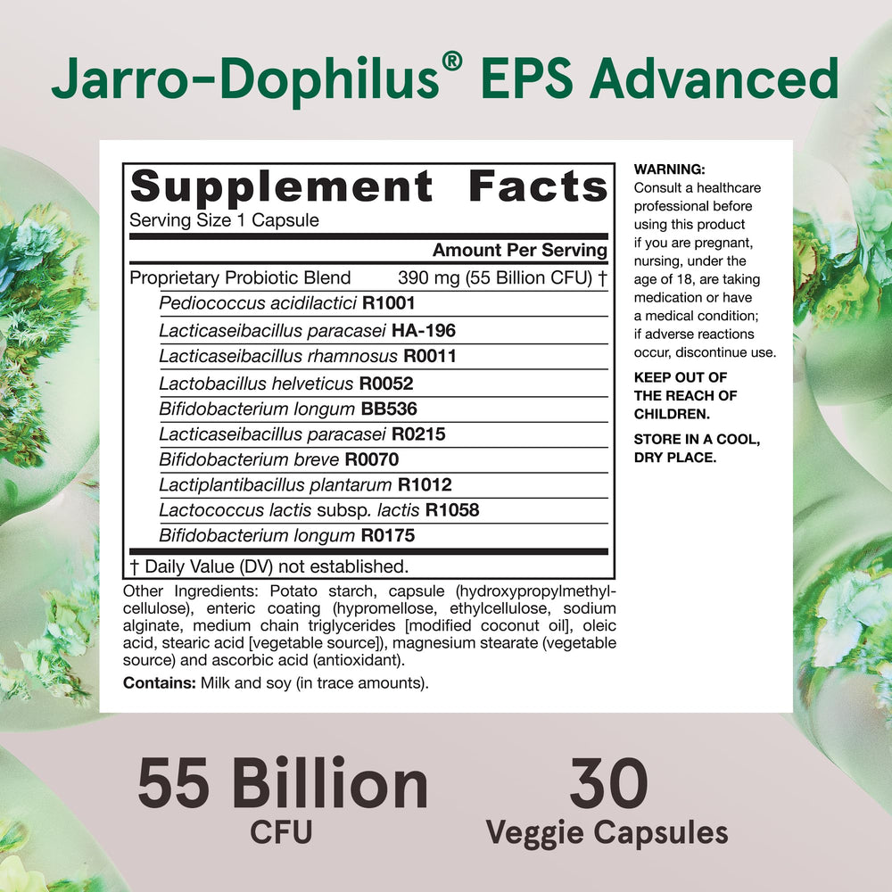 Product label on Jarro-Dophilus EPS Advanced emphasizing vegetarian capsules