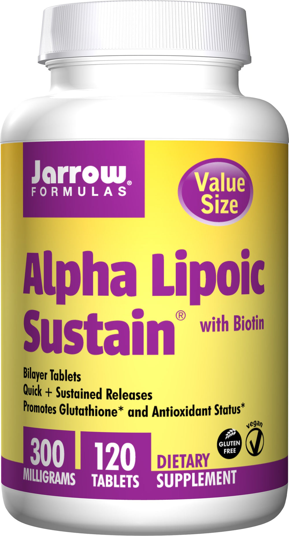 Jarrow Formulas Alpha Lipoic Sustain 300 bottle front for convenient daily use and potential sustained release benefits.
