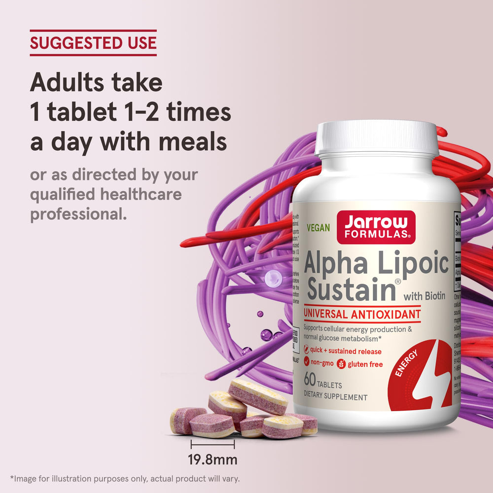 Alpha Lipoic Sustain bottle beside glass of water for easy daily integration.