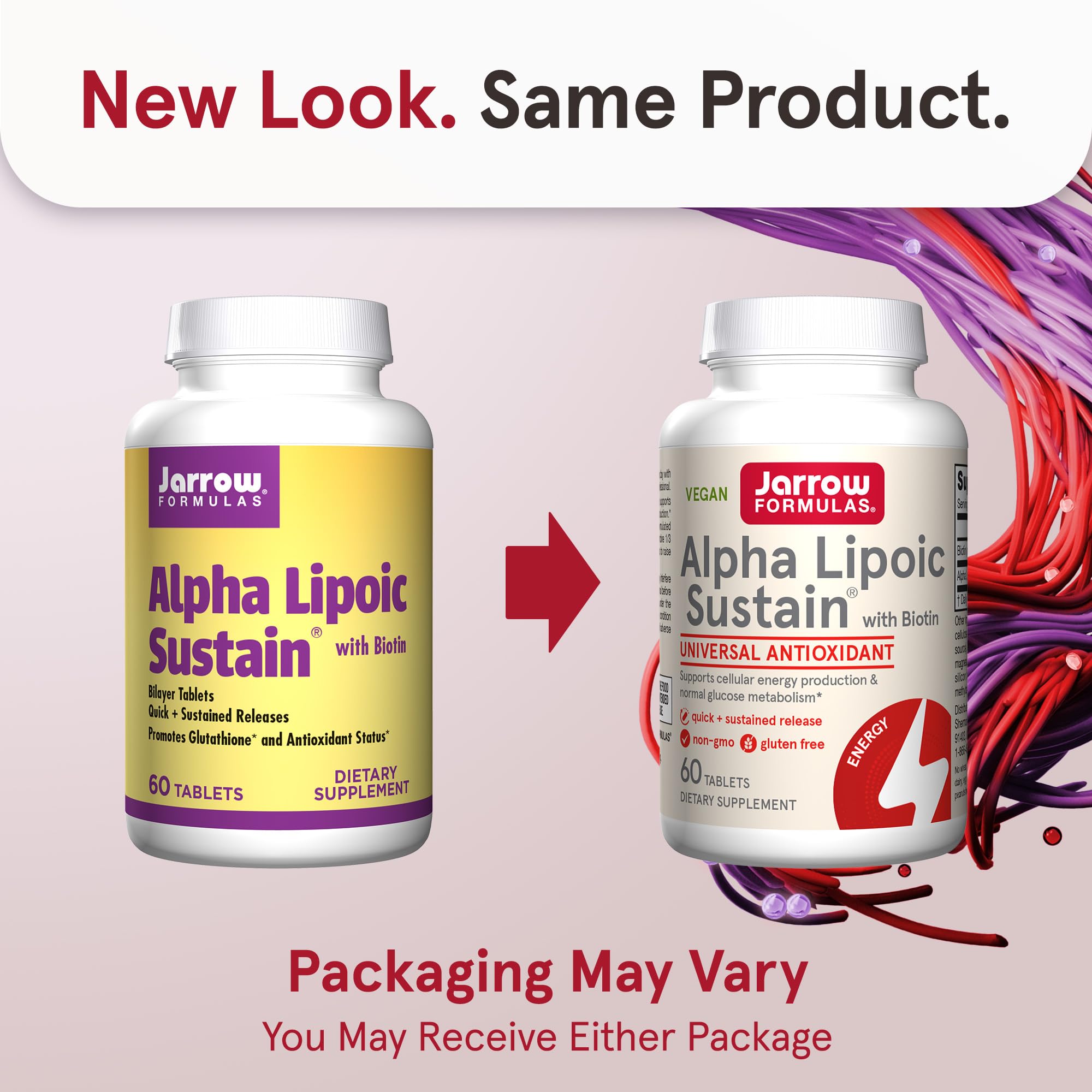 Close-up of Alpha Lipoic Sustain tablets highlighting quick and sustained release design.