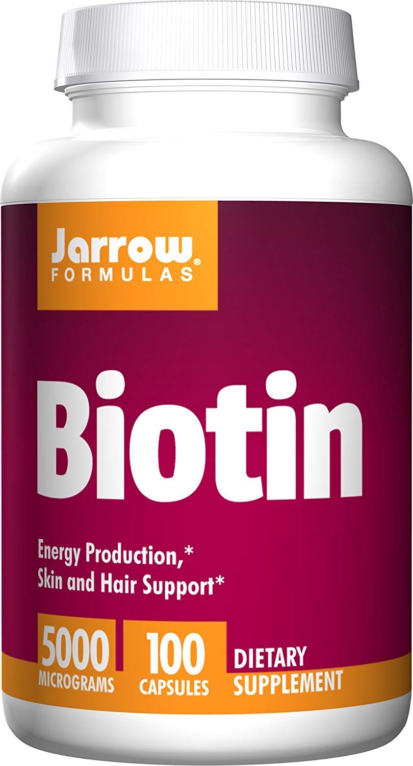 Jarrow Formulas Biotin 5000 mcg bottle front, veggie caps for hair and skin support.
