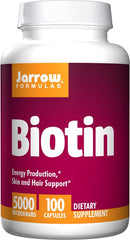 Jarrow Formulas Biotin 5000 mcg bottle front, veggie caps for hair and skin support.