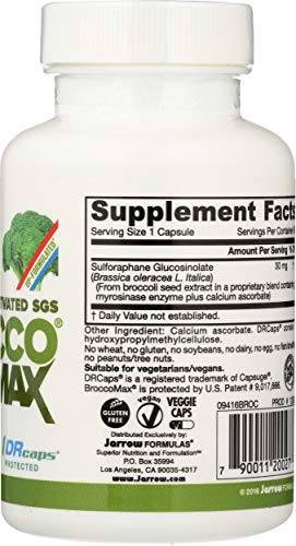 Jarrow Formulas Brocco Max highlights myrosinase-activated SGS on packaging.