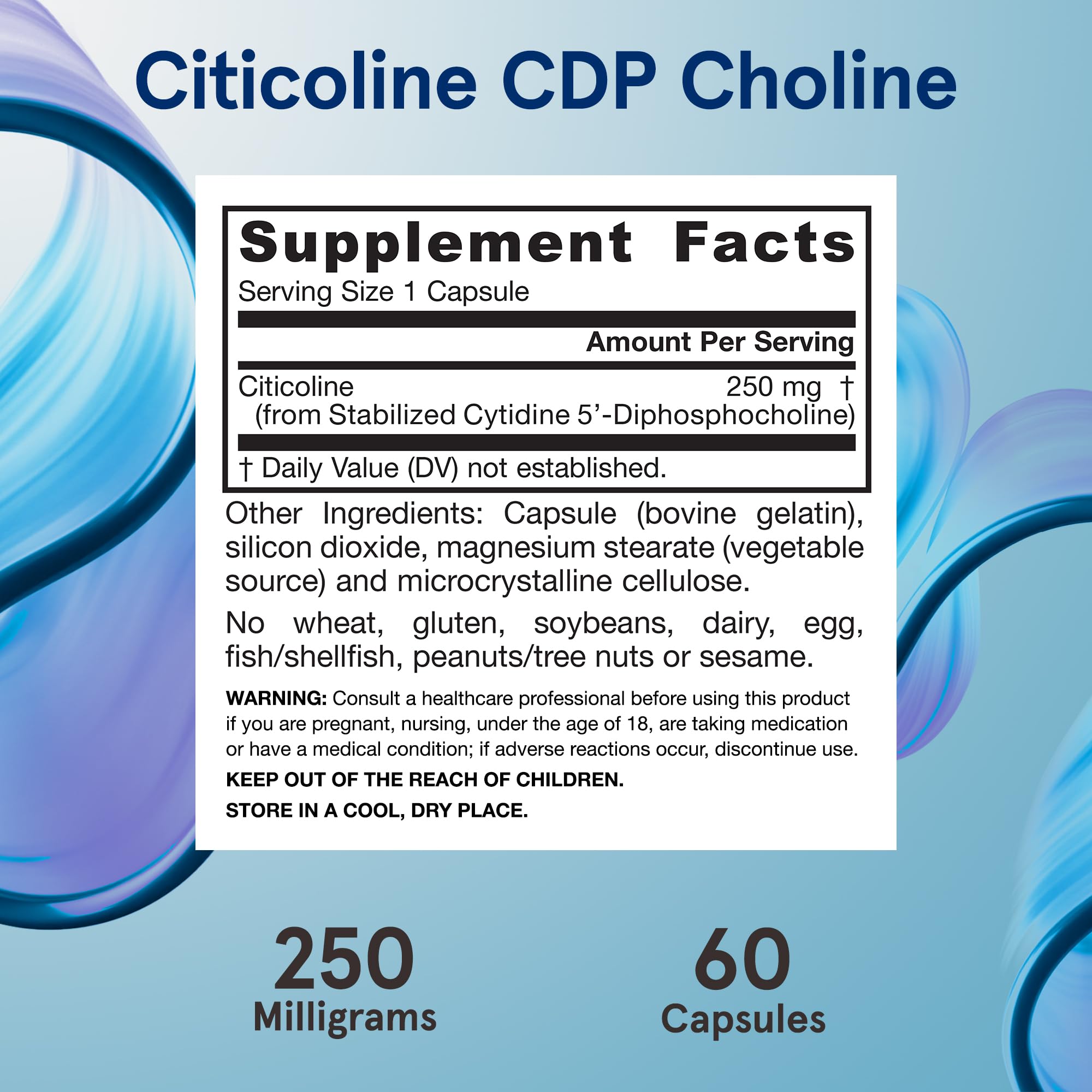 Nutrition facts panel highlighting 250 mg citicoline per capsule