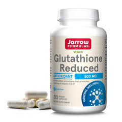 Jarrow Formulas Glutathione Reduced 500 mg bottle supports daily antioxidant routine.