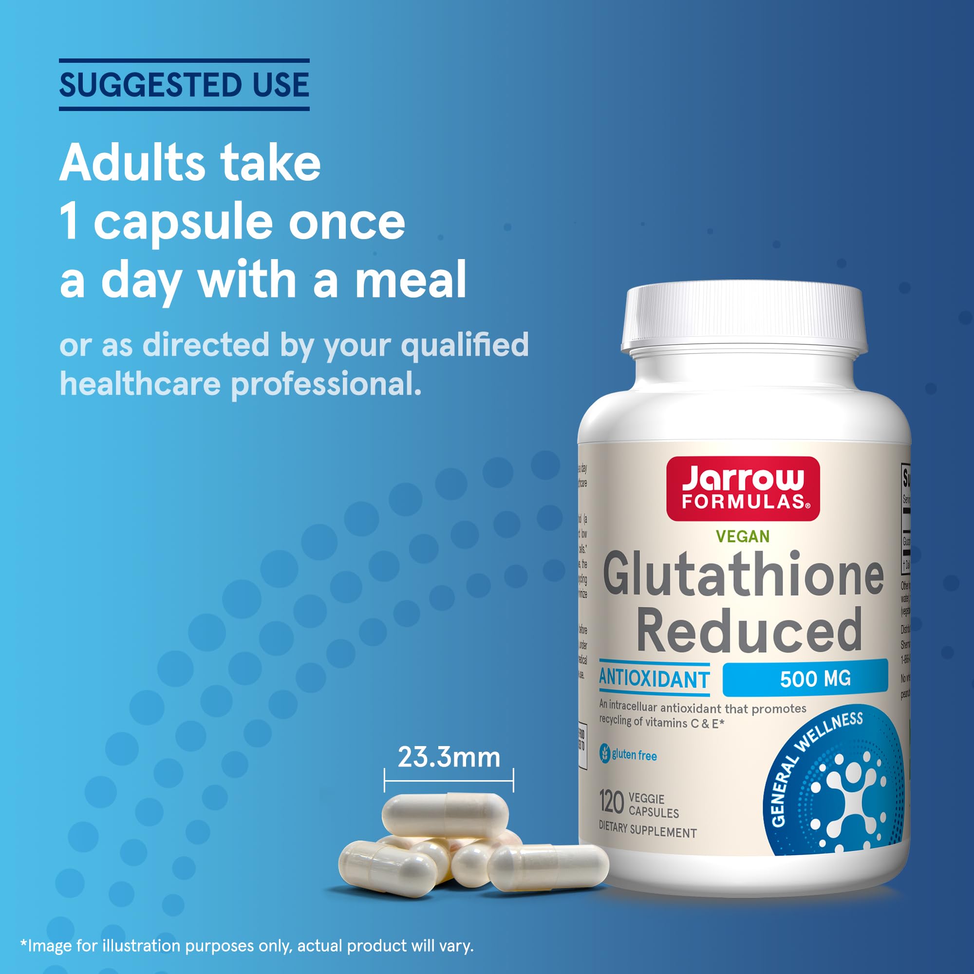 Jarrow Formulas Glutathione Reduced bottle on wood surface.