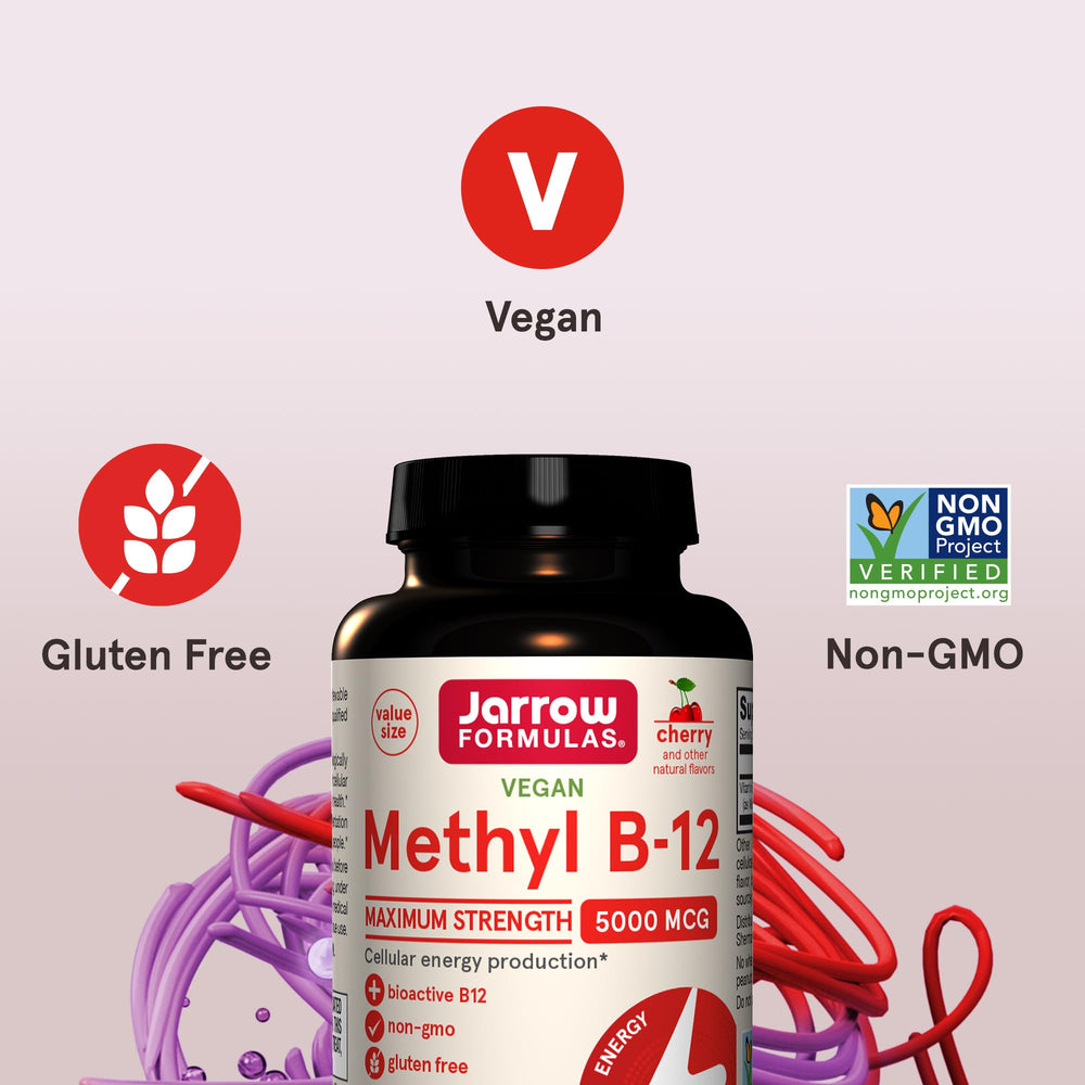 Jarrow Formulas Methyl B-12 bottle with tablets ready for daily use.