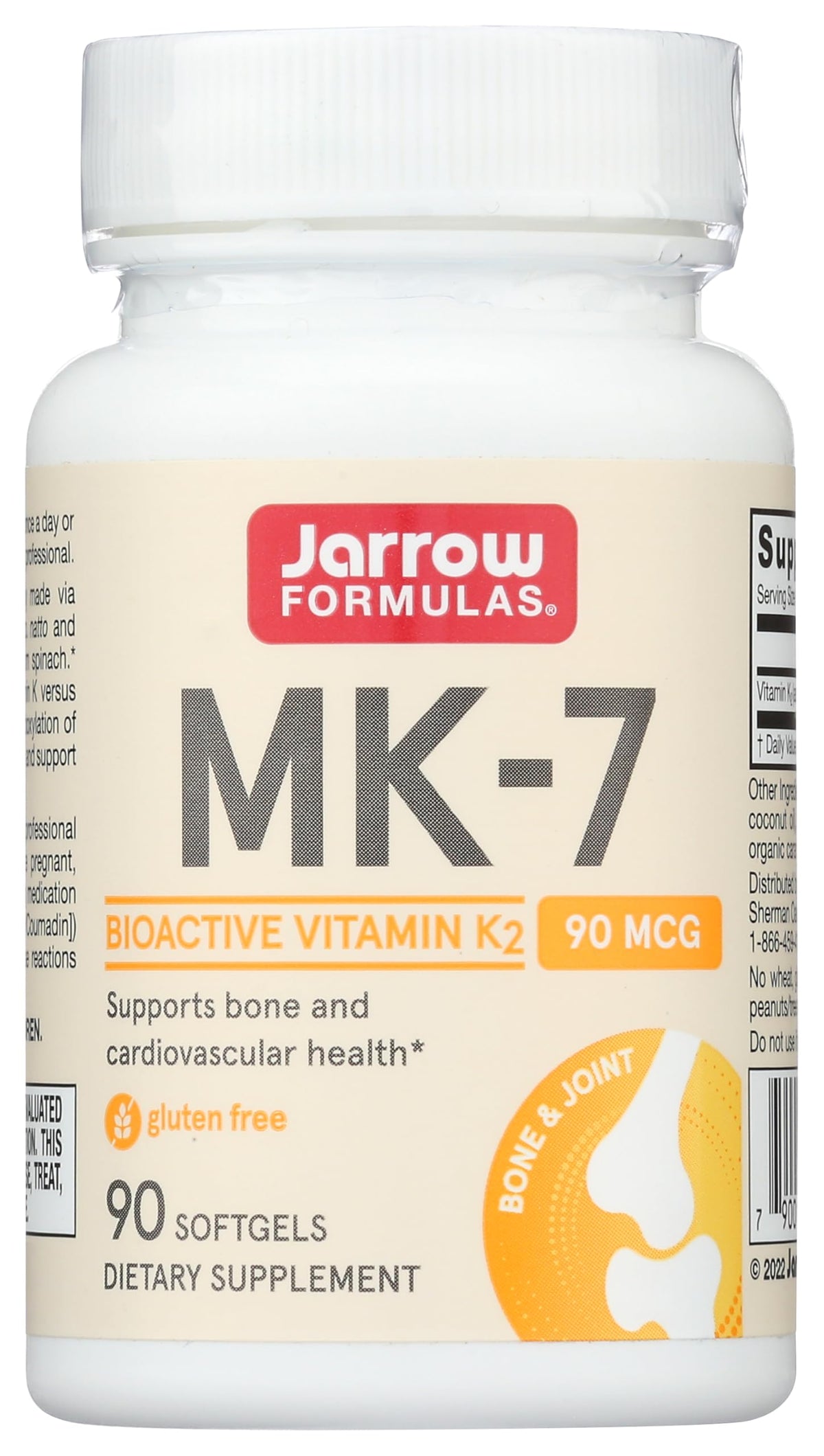 Jarrow Formulas MK-7 softgel bottle shown for daily vitamin K2 support for bones and heart.