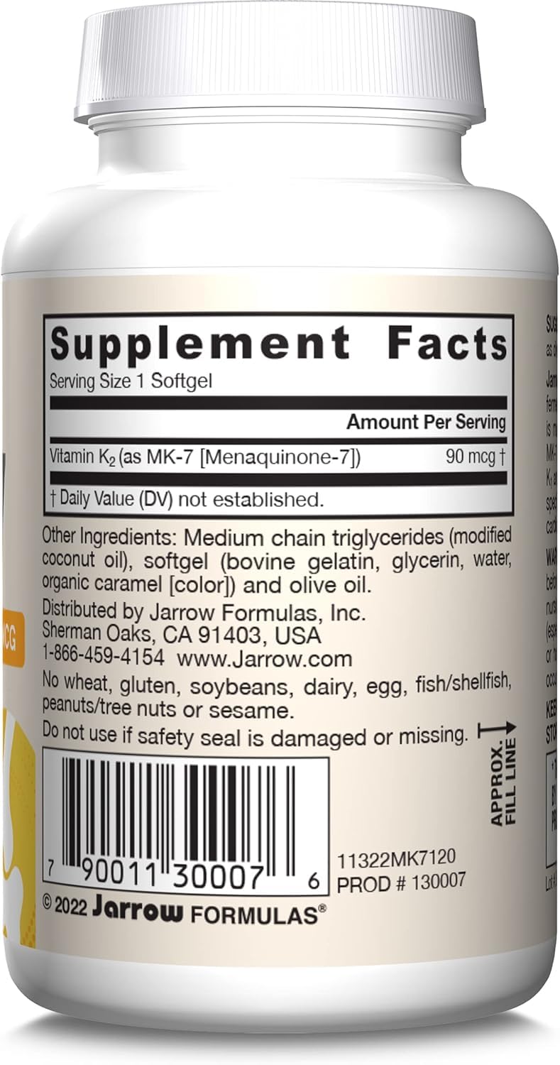 Jarrow Formulas MK-7 softgels poured for convenient dosing.