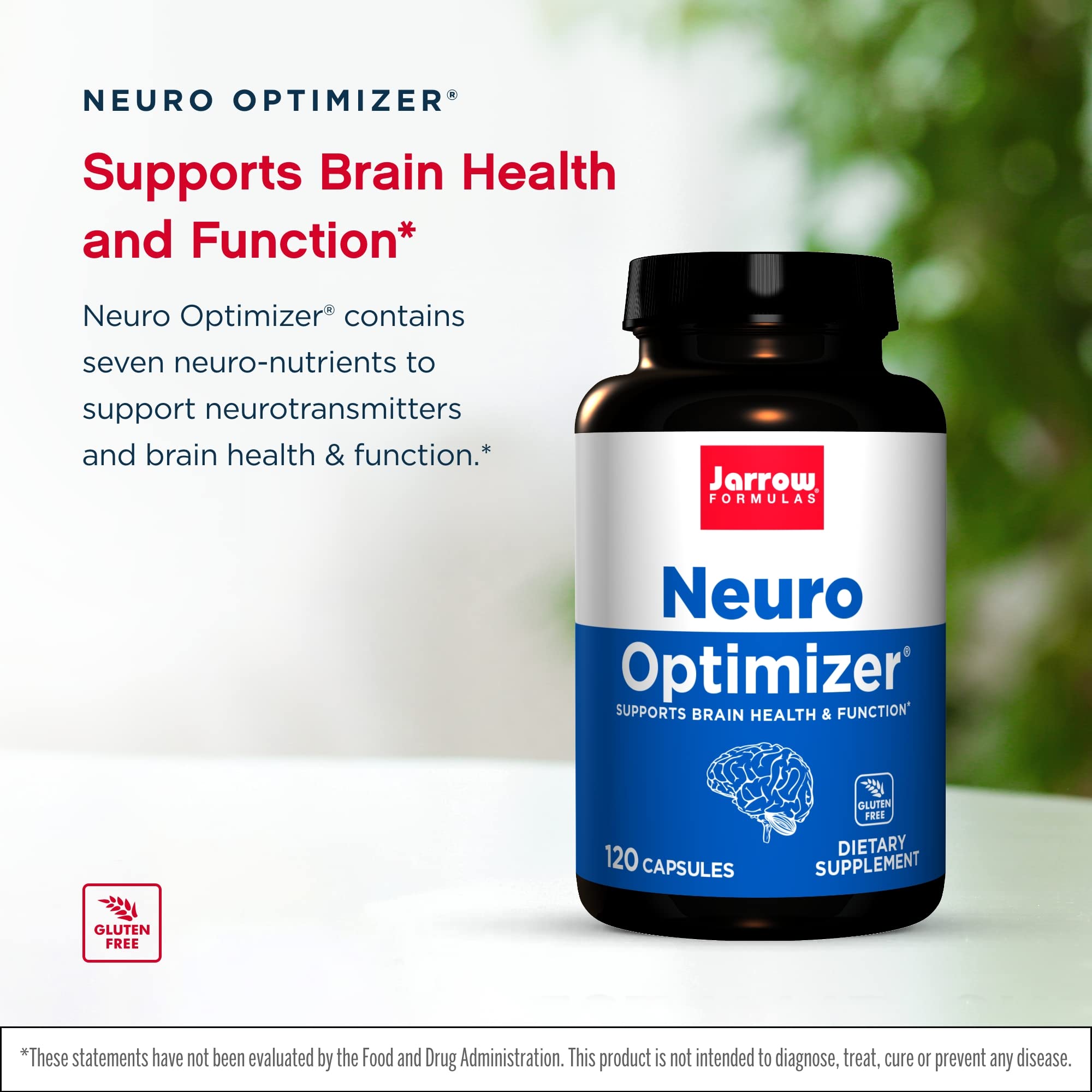 Jarrow Formulas Neuro Optimizer capsules closeup highlighting easy-to-take capsules.