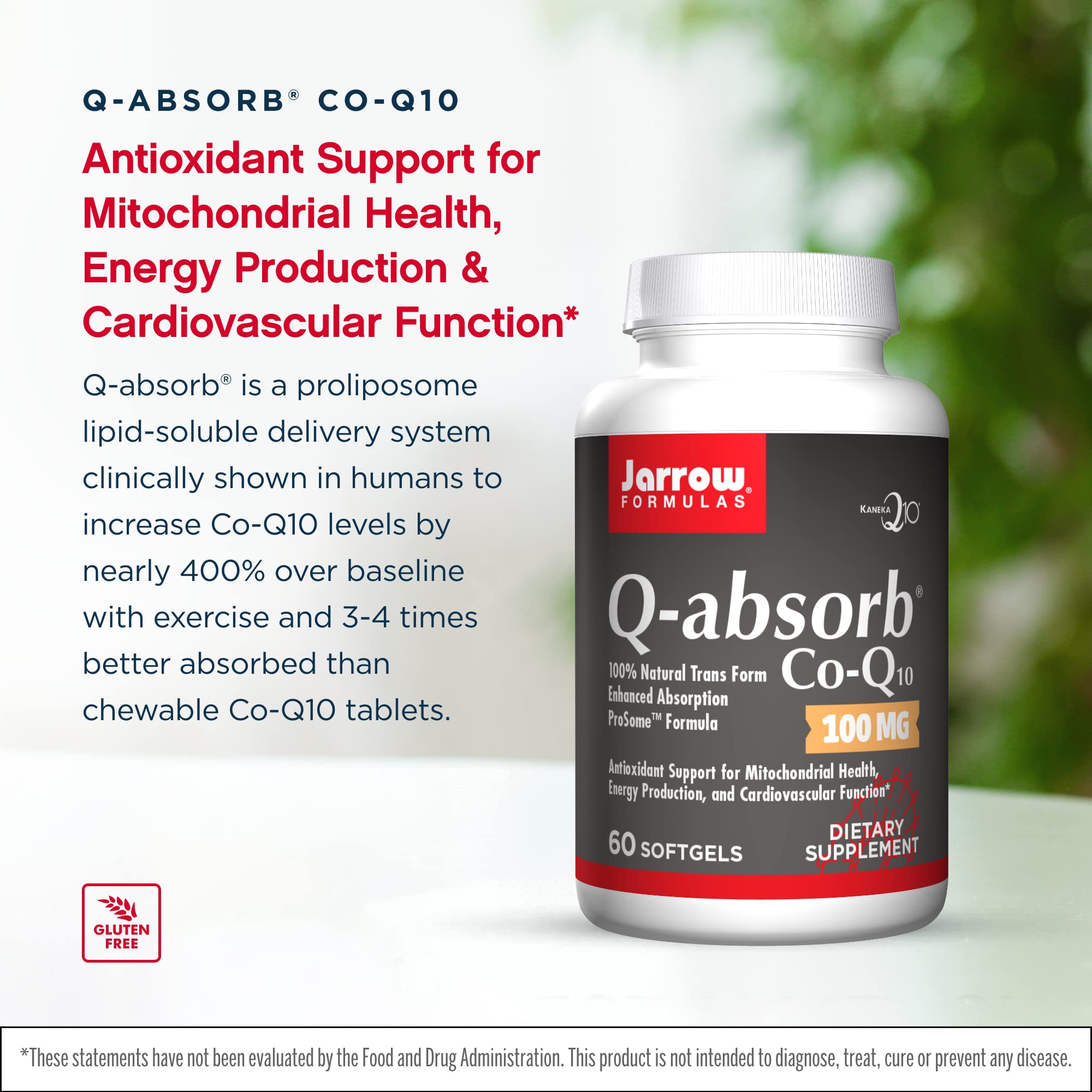 Jarrow Formulas Q-Absorb Co-Q10 label closeup shows 100 mg per softgel dosage