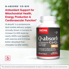 Jarrow Formulas Q-Absorb Co-Q10 label closeup shows 100 mg per softgel dosage