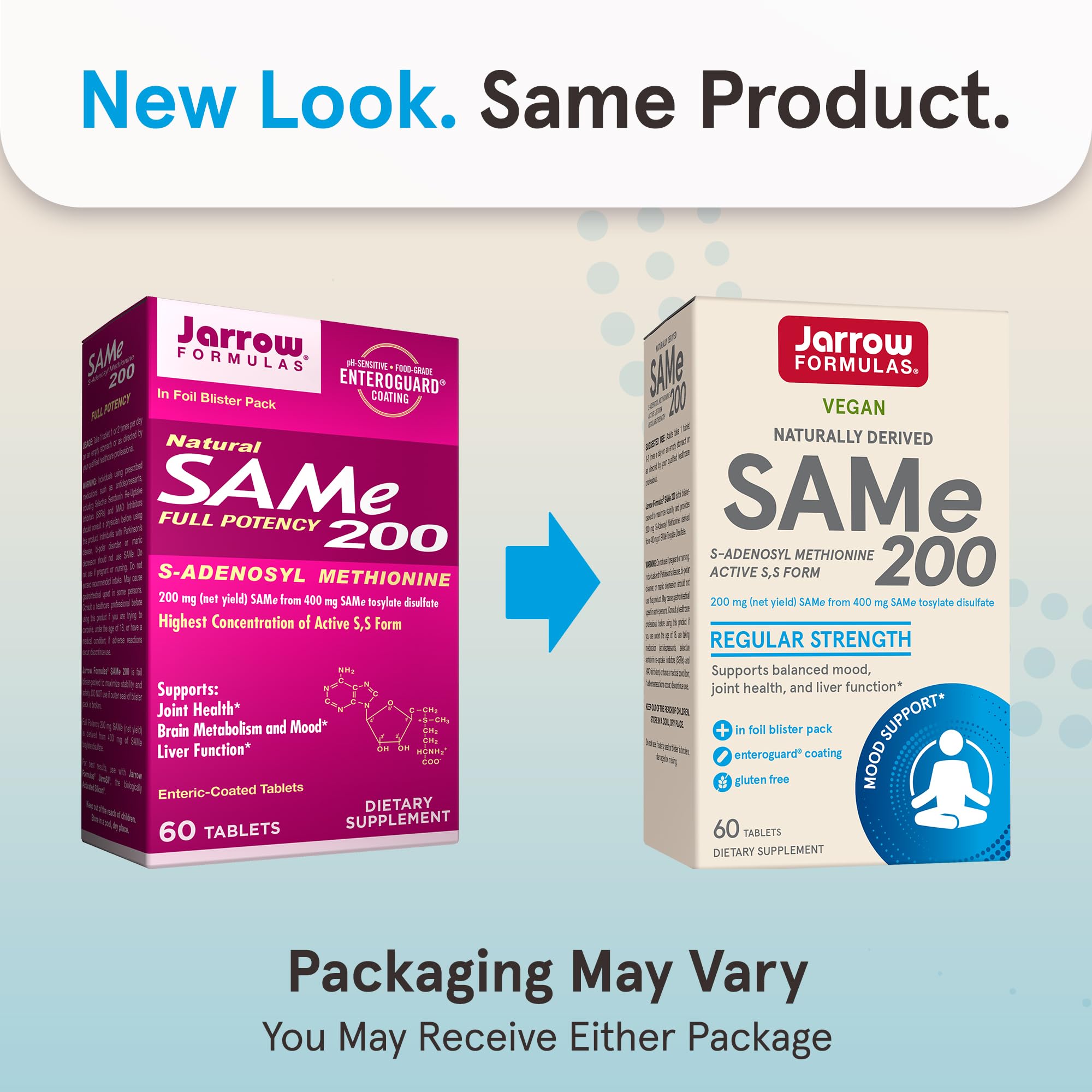 Amber bottle of Jarrow Formulas SAMe 200 mg for convenient daily use.