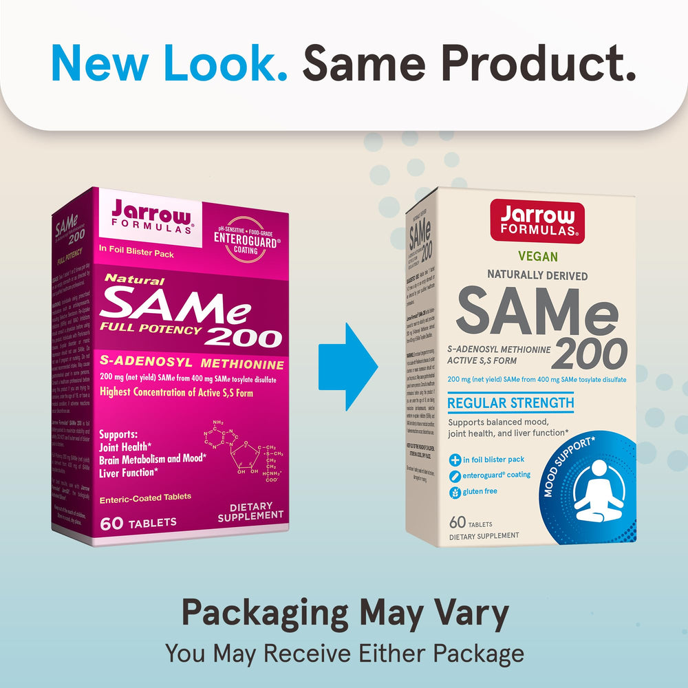 Amber bottle of Jarrow Formulas SAMe 200 mg for convenient daily use.